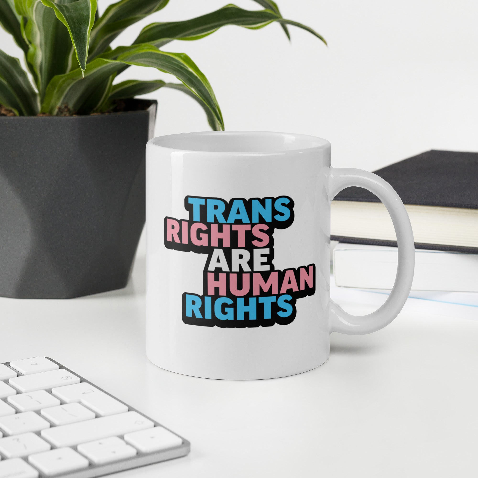 White ceramic mug with bold text “Trans Rights Are Human Rights” in blue, pink, and black colors representing the transgender pride flag, on a desk with a keyboard and a plant.