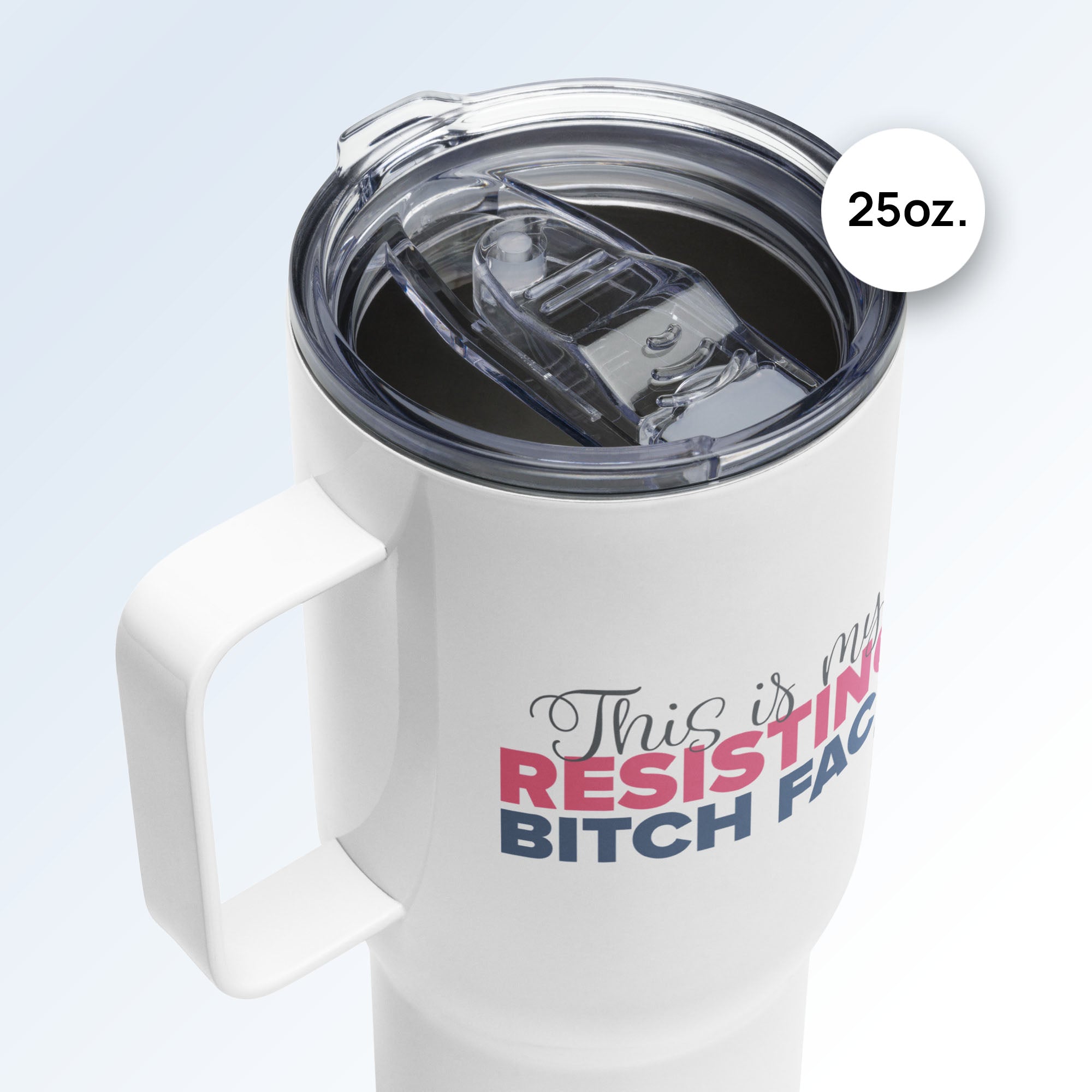 Lid detail for 25 ounce travel tumbler mug.