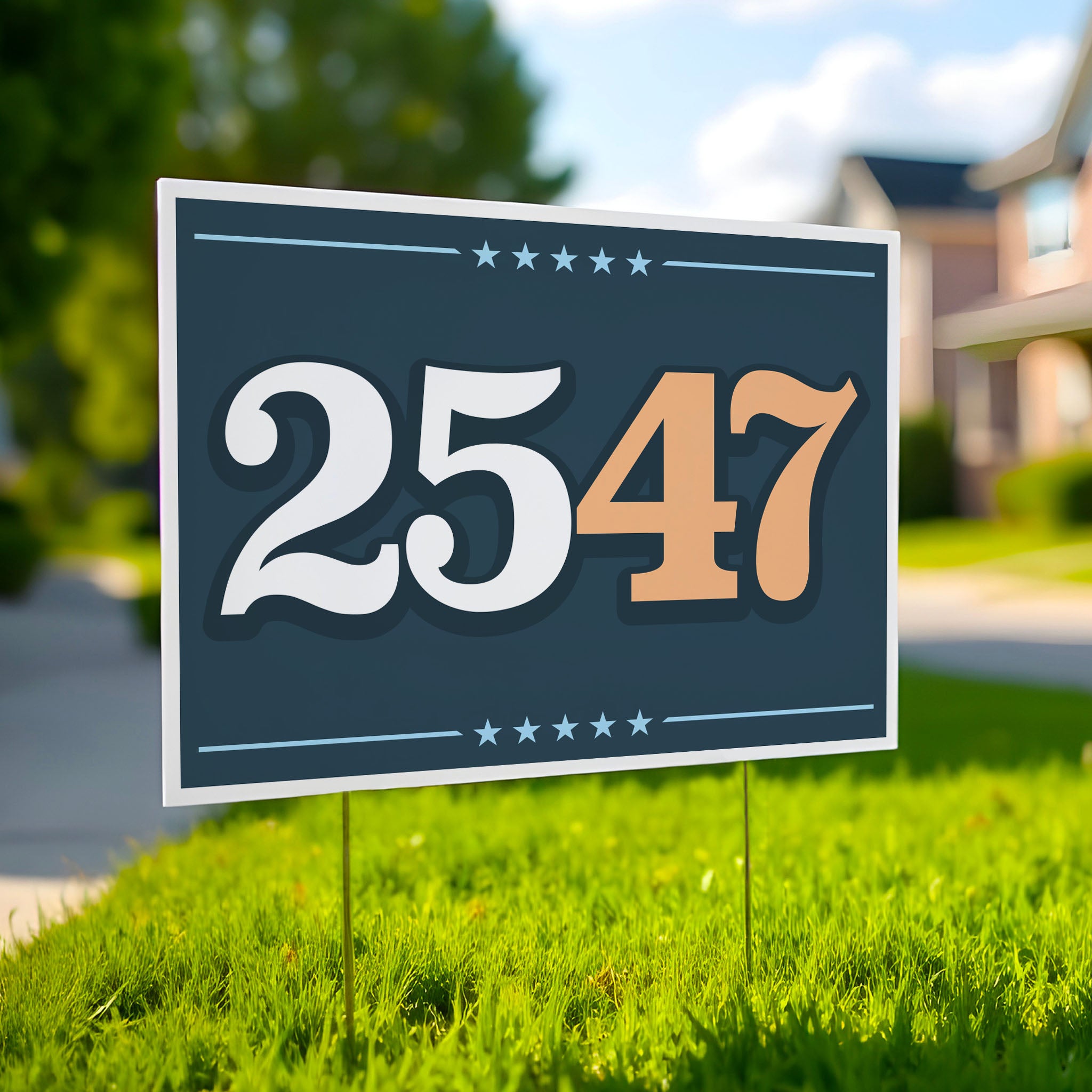 Yard sign with bold numbers “25” in white and “47” in orange on a navy background, symbolizing invoking the 25th Amendment to remove Trump from office.