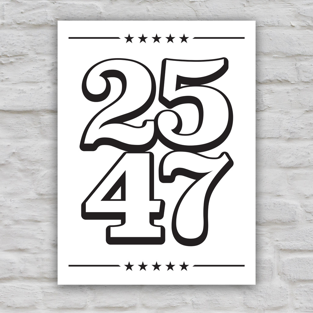 Black and white version of protest sign with bold numbers “25” and “47”, symbolizing invoking the 25th Amendment to remove Trump from office.