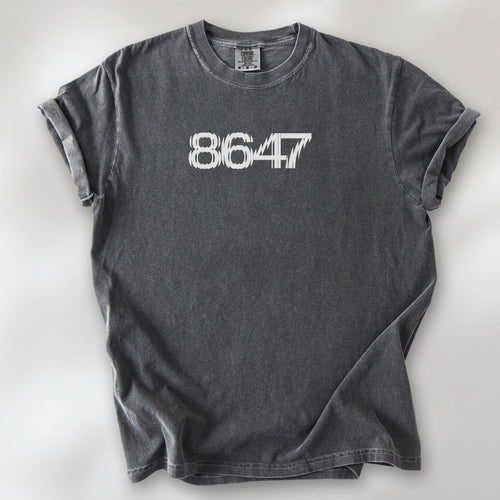 Pepper t-shirt featuring the number “8647” in bold, clean typography with glass block effect.