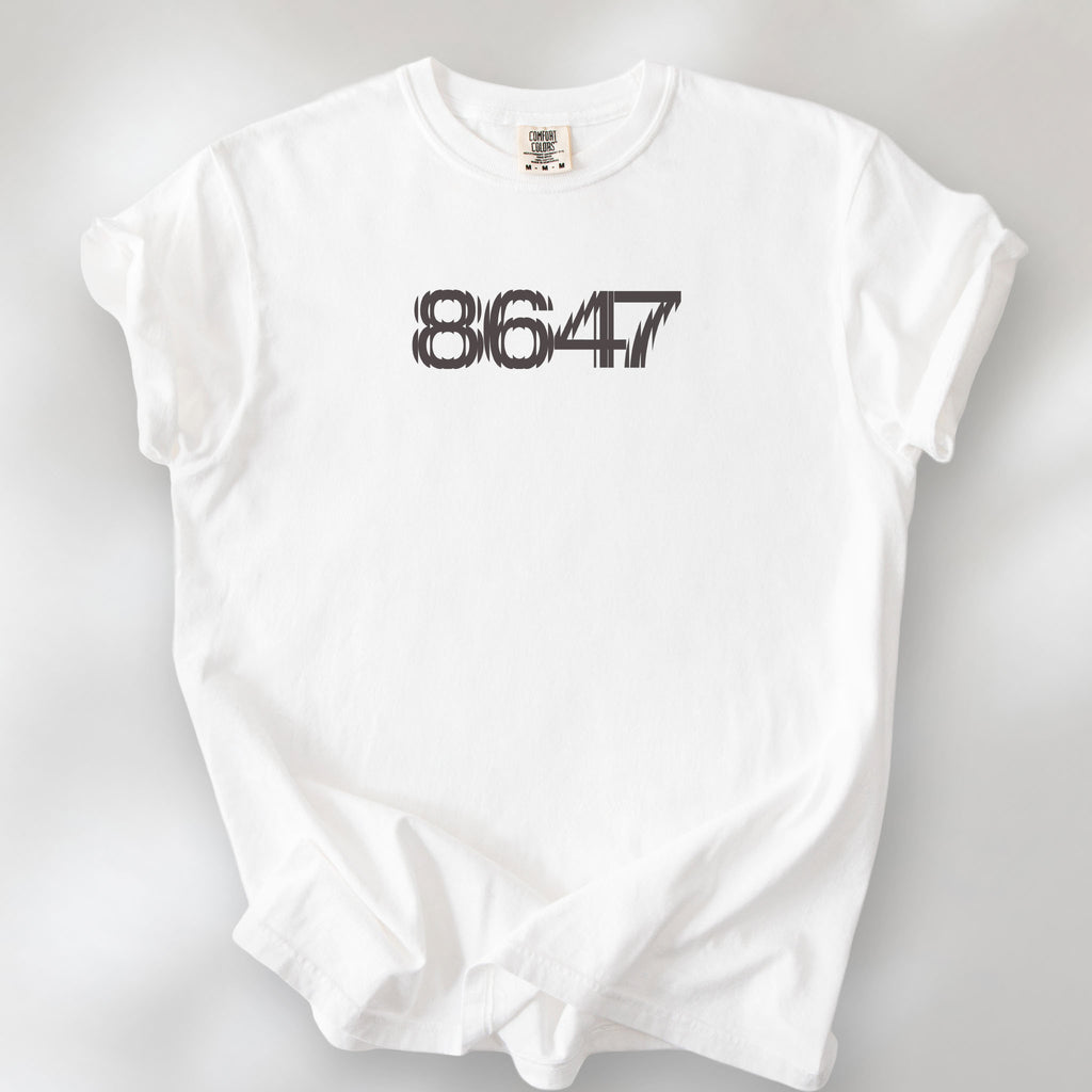 White unisex t-shirt featuring the number “8647” in bold, clean typography with glass block effect, referencing Trump impeachment.