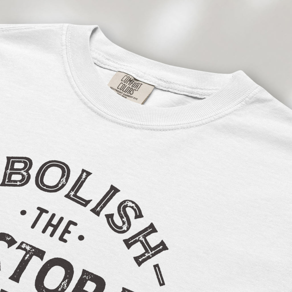 Closeup detail of white t-shirt with distressed text reading “Abolish the Electoral College One Person One Vote” in vintage style design
