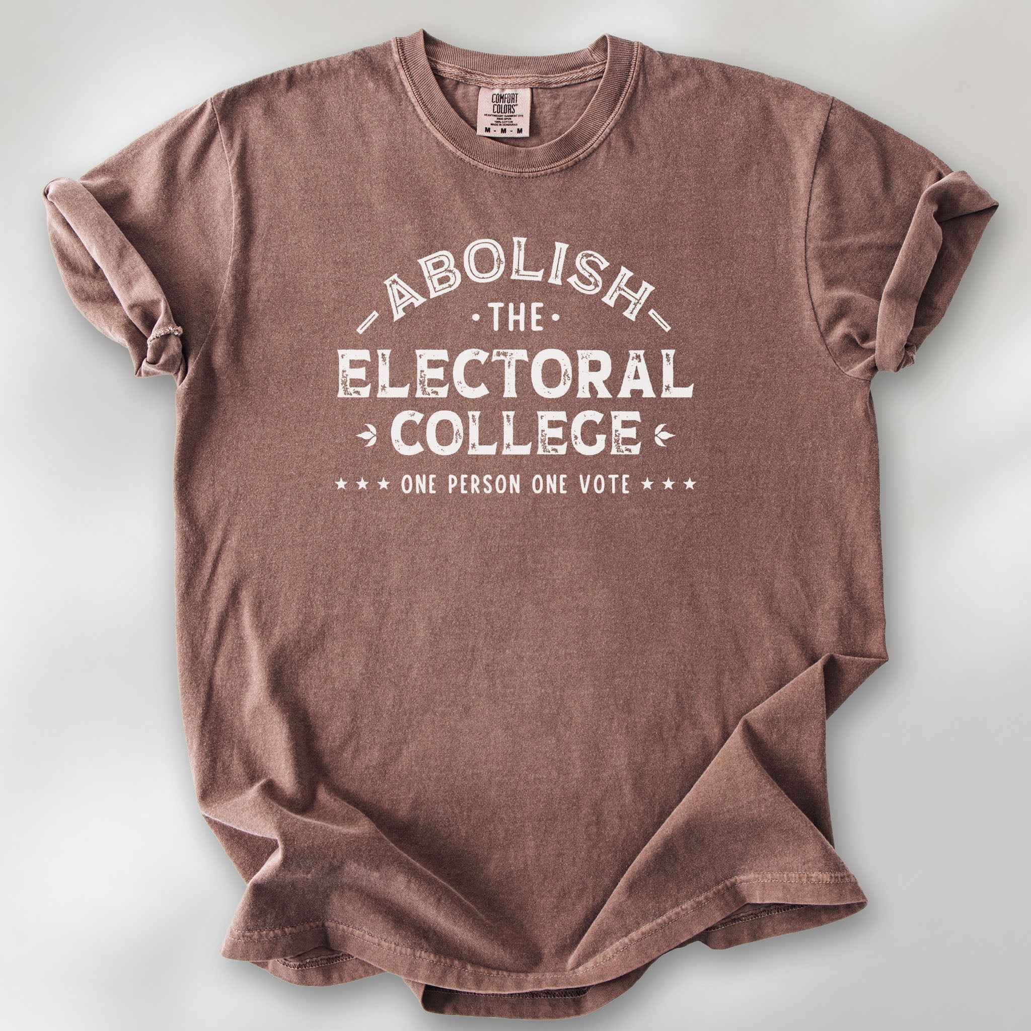 Espresso t-shirt with distressed text reading “Abolish the Electoral College One Person One Vote” in vintage style design