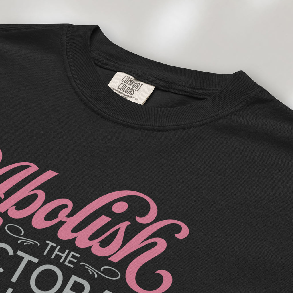 Closeup detail of black t-shirt with stylized text reading “Abolish the Electoral College” in muted red and gray.
