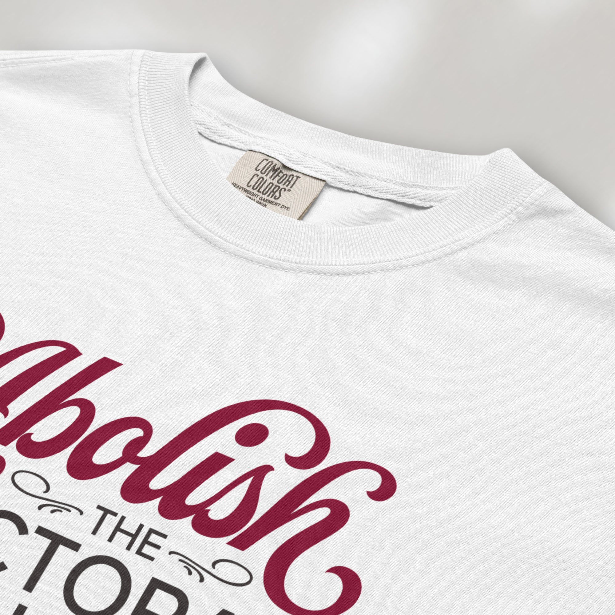 Closeup detail of white t-shirt with stylized text reading “Abolish the Electoral College” in muted red and gray.