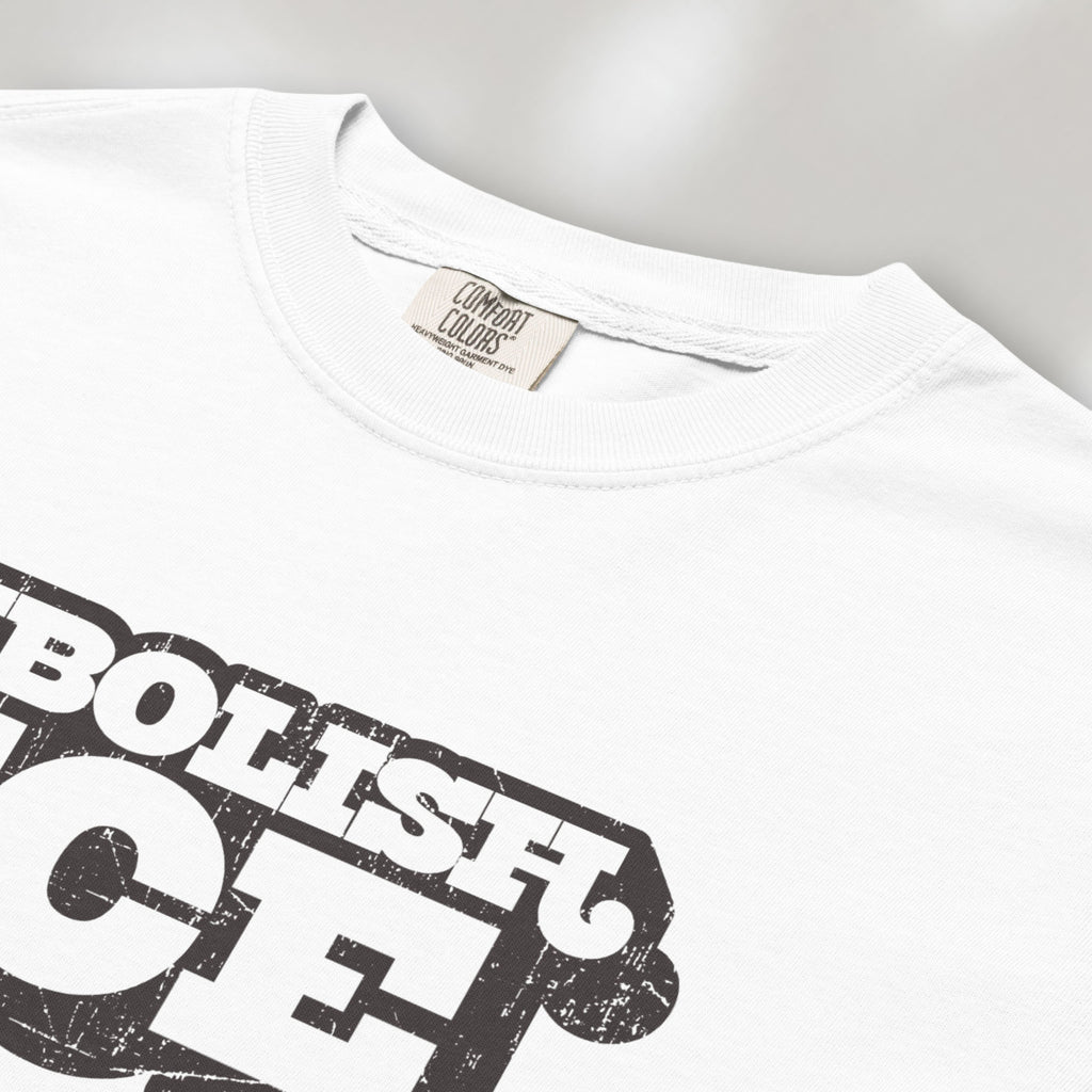 Closeup detail of white t-shirt with retro distressed text reading “Abolish ICE” for immigration justice and anti-ICE activism.