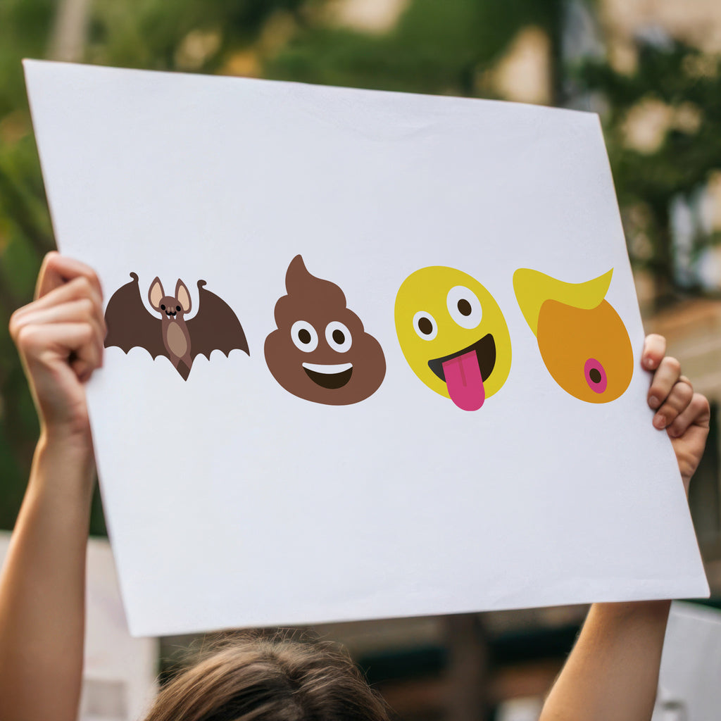 Downloadable, printable protest sign featuring four emojis: a bat, poop, crazy face, and Trump-like orange face with yellow hair, spelling out “batshit crazy Trump” in bold visual satire, being held up high in a crowd.