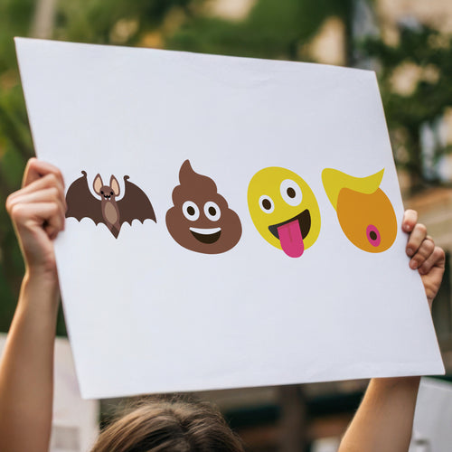 Downloadable, printable protest sign featuring four emojis: a bat, poop, crazy face, and Trump-like orange face with yellow hair, spelling out “batshit crazy Trump” in bold visual satire, being held up high in a crowd.