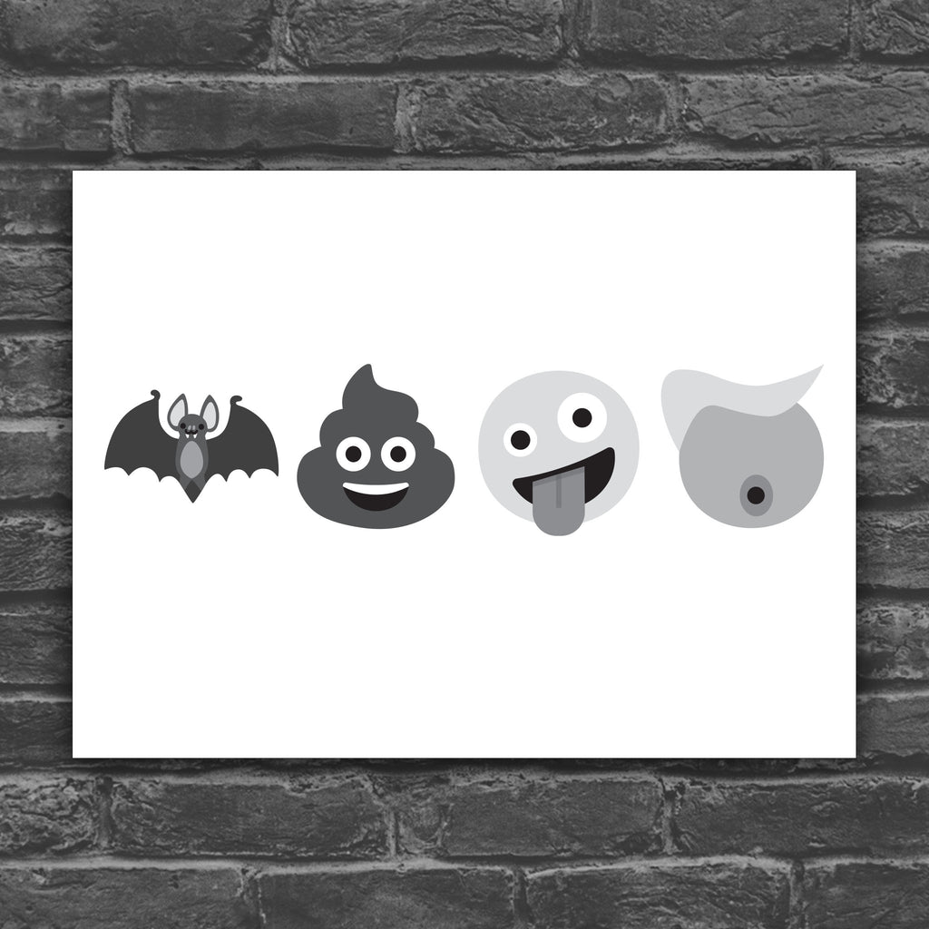 Black and white version of downloadable, printable protest sign featuring four emojis: a bat, poop, crazy face, and Trump-like face with stupid hair, spelling out “batshit crazy Trump” in bold visual satire.