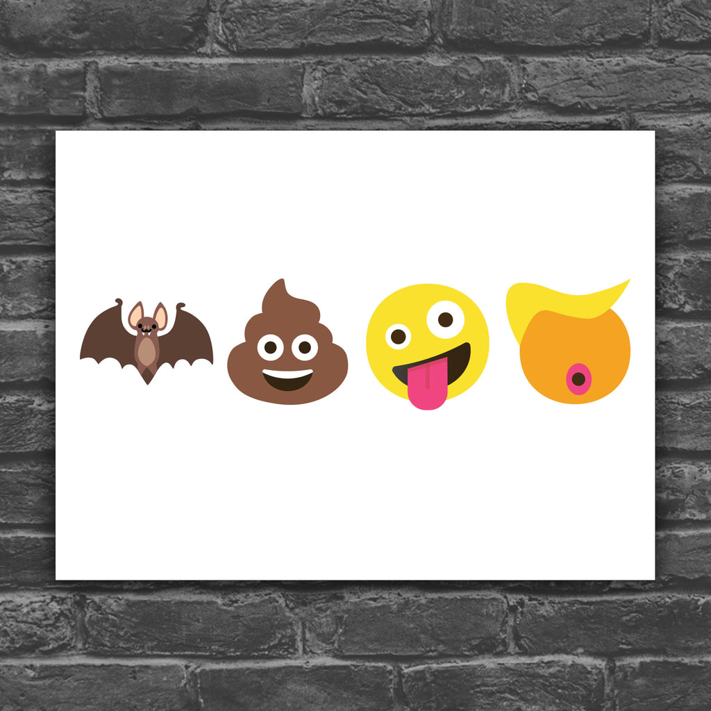 Downloadable, printable protest sign featuring four emojis: a bat, poop, crazy face, and Trump-like orange face with yellow hair, spelling out “batshit crazy Trump” in bold visual satire.