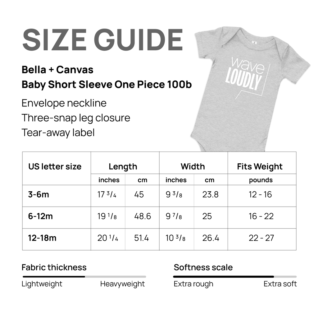 Size guide for Bella + Canvas Baby Short Sleeve One Piece style 100b.
