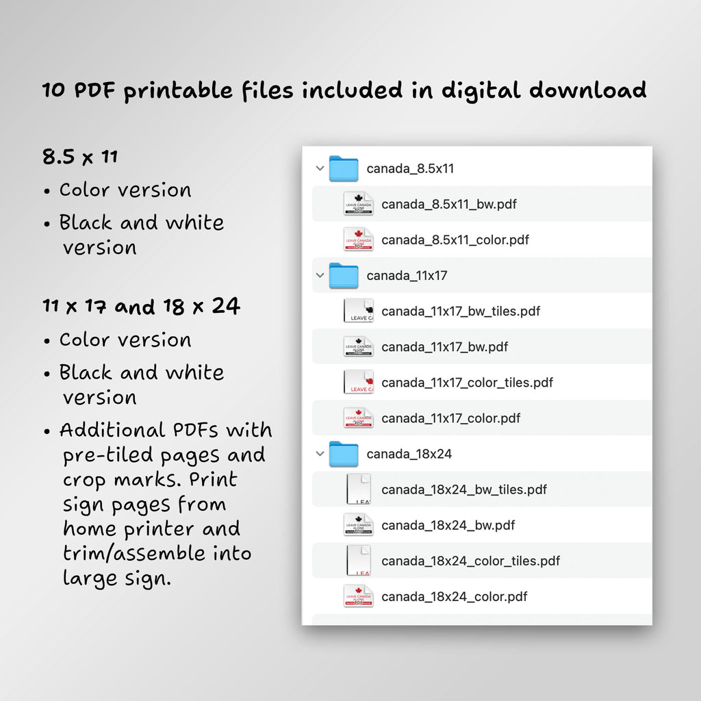 File directory of 10 PDF printable files included in digital download, including additional PDFs with pre-tiled pages to print from home and assemble into large sign.