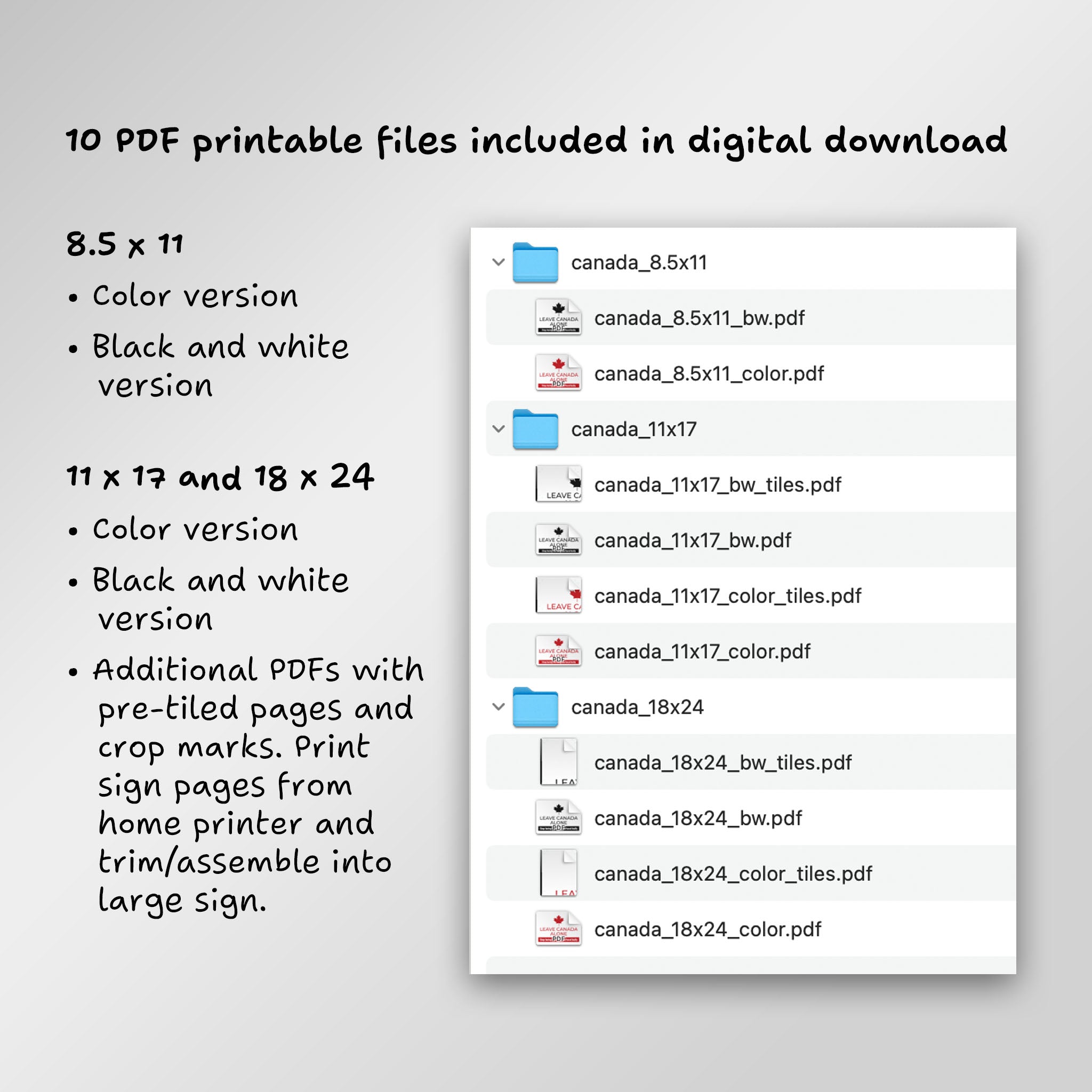 File directory of 10 PDF printable files included in digital download, including additional PDFs with pre-tiled pages to print from home and assemble into large sign.