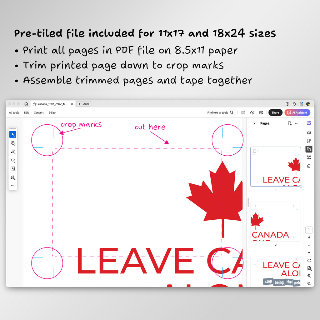 Screenshot of page from pre-tiled PDF file in Adobe Acrobat, showing crop marks and where to trim.