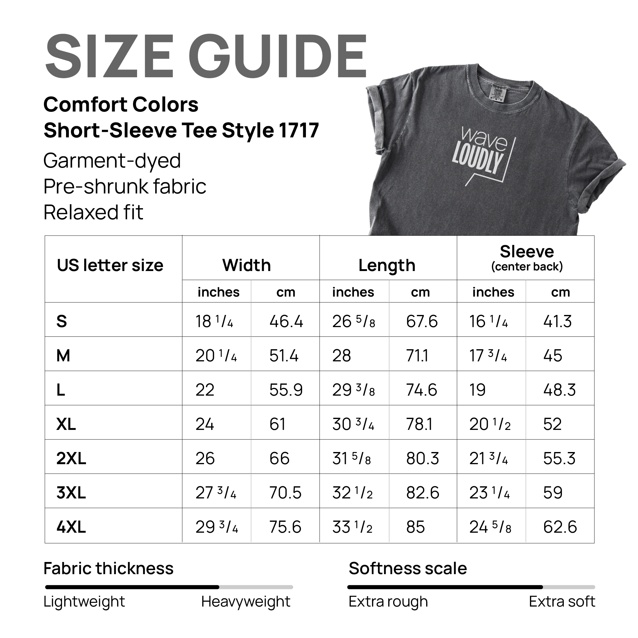Size guide for Comfort Colors short-sleeve tee style 1717.