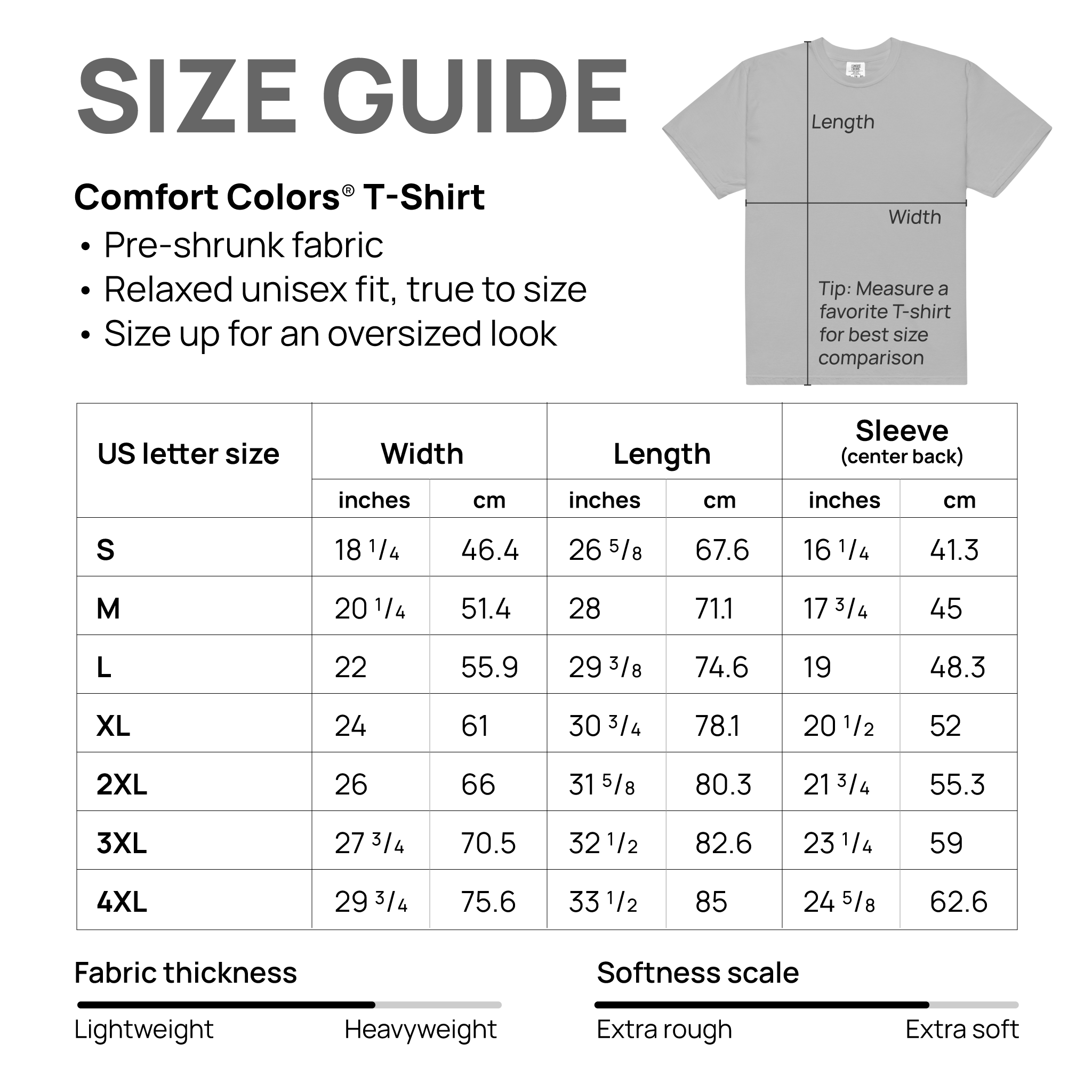 Size guide for Comfort Colors short-sleeve tee style 1717.