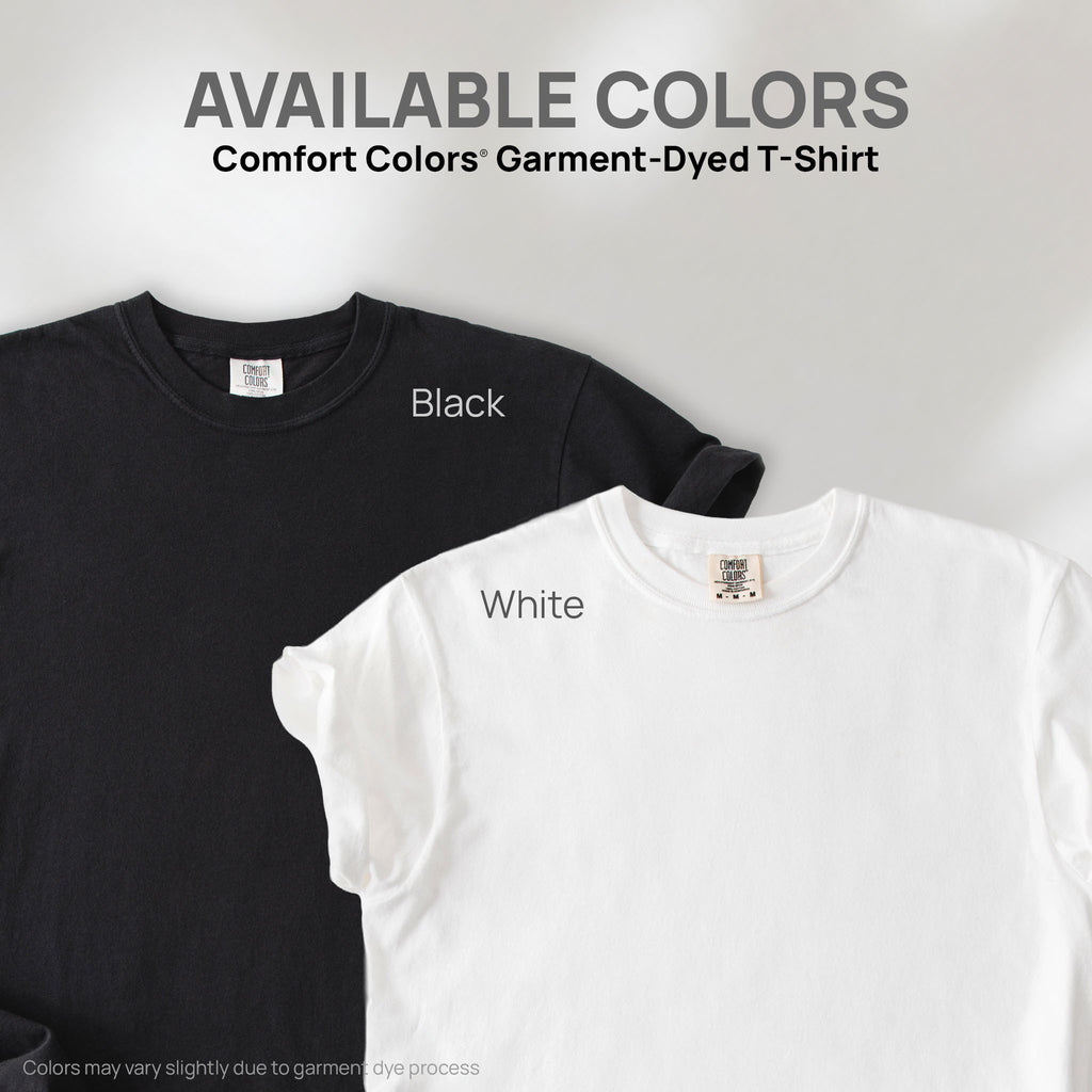 Two shirts showing the available colors for this Comfort Colors Garment-Dyed T-Shirt: white and black.
