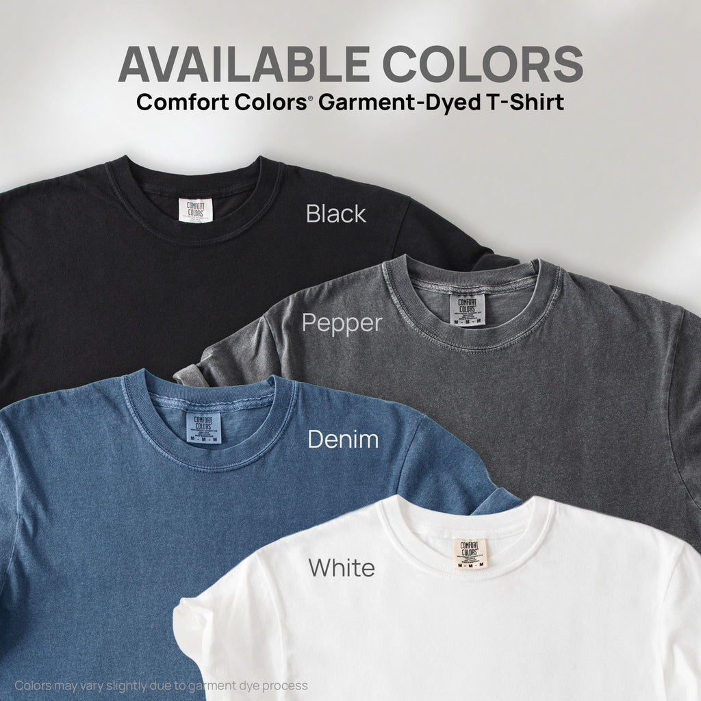 Four shirts showing the available colors for this Comfort Colors Garment-Dyed T-Shirt: black, pepper, denim, and white.
