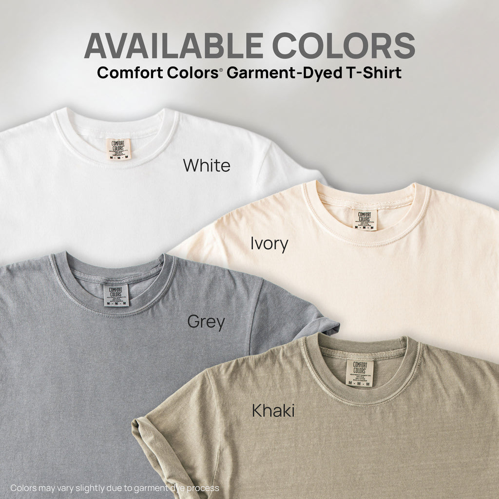 Four shirts showing the available colors for this Comfort Colors Garment-Dyed T-Shirt: white, ivory, grey, and khaki.

