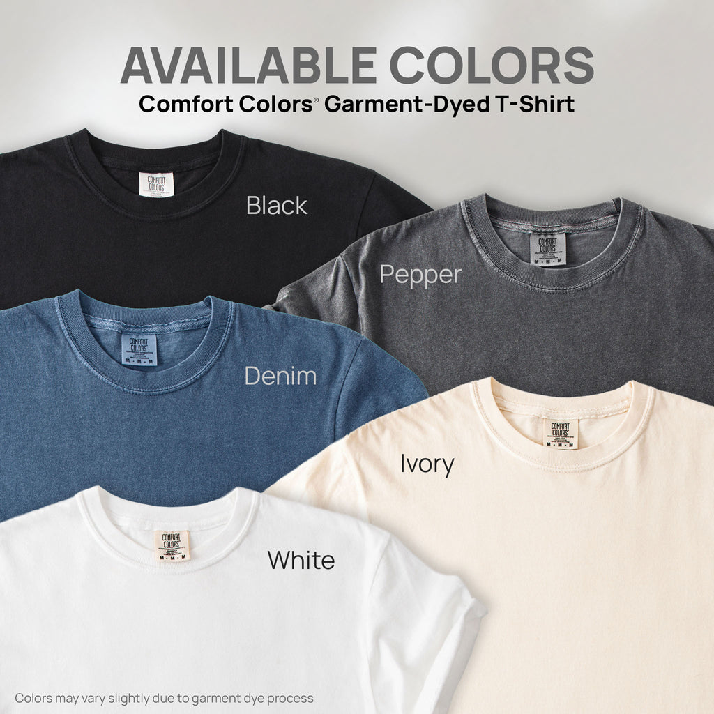 Four shirts showing the available colors for this Comfort Colors Garment-Dyed T-Shirt: black, pepper, denim, ivory, and white.

