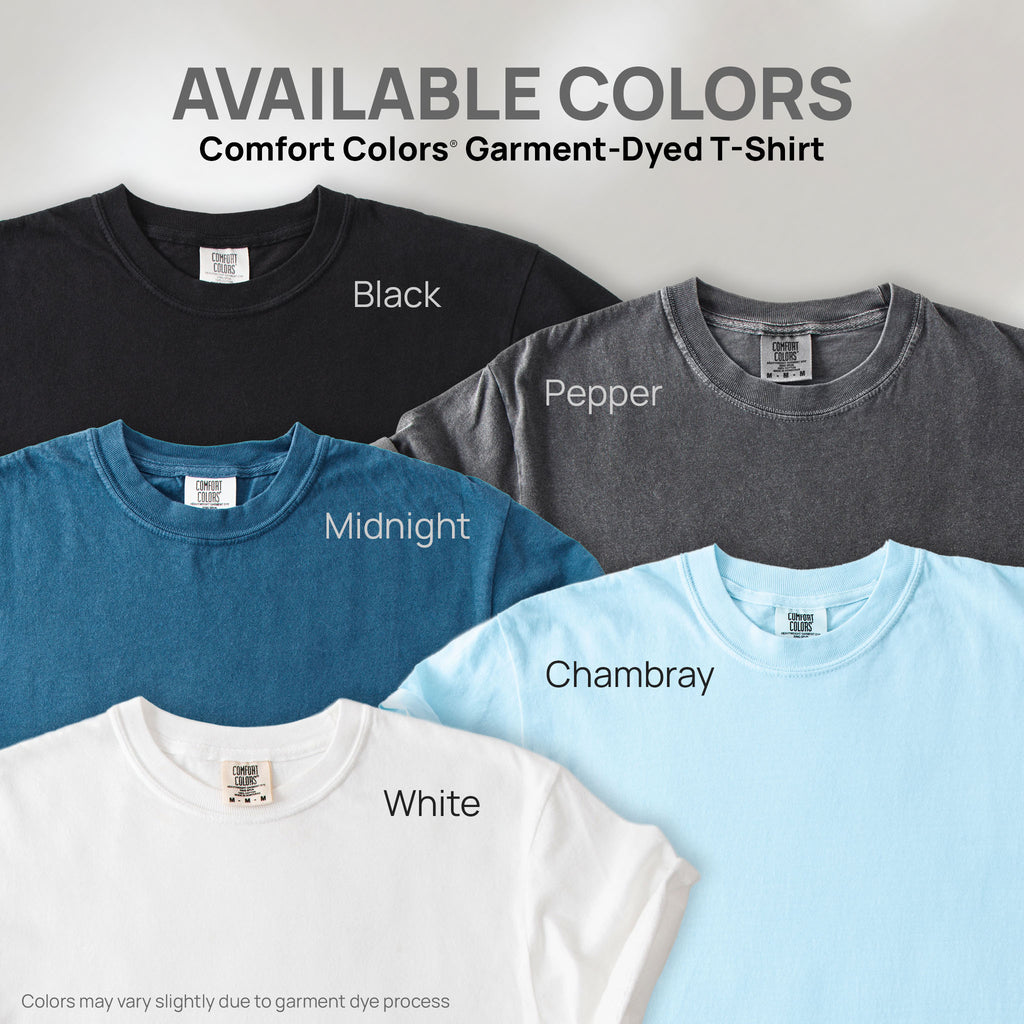 Five shirts showing the available colors for this Comfort Colors Garment-Dyed T-Shirt: black, pepper, midnight, chambray, and white.