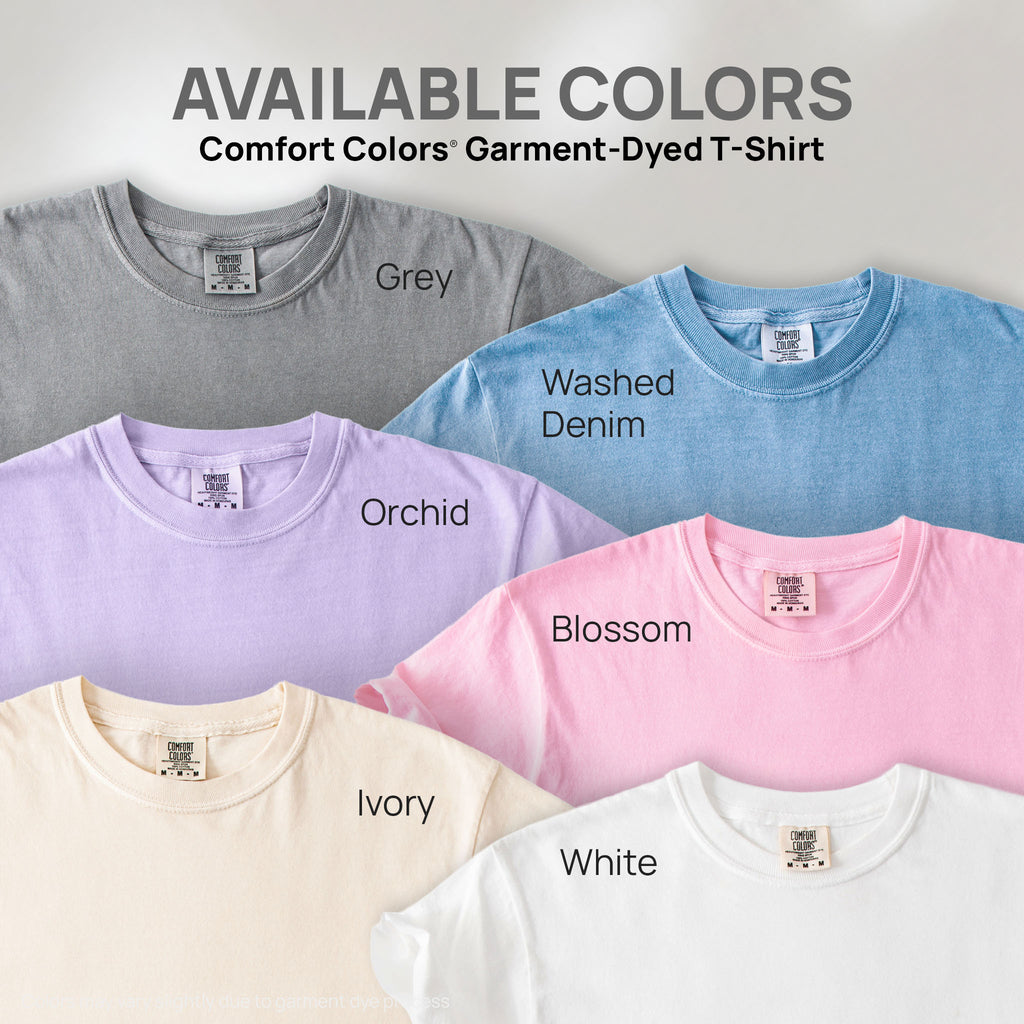 Six shirts showing the available colors for this Comfort Colors Garment-Dyed T-Shirt: grey, washed denim, orchid, blossom, ivory, and white.
