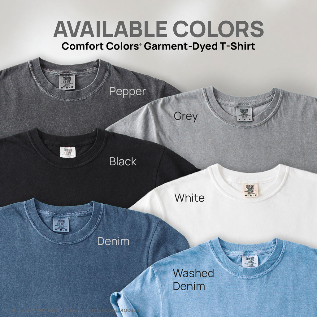 Six shirts showing the available colors for this Comfort Colors Garment-Dyed T-Shirt: pepper, grey, black, white, denim, and washed denim.
