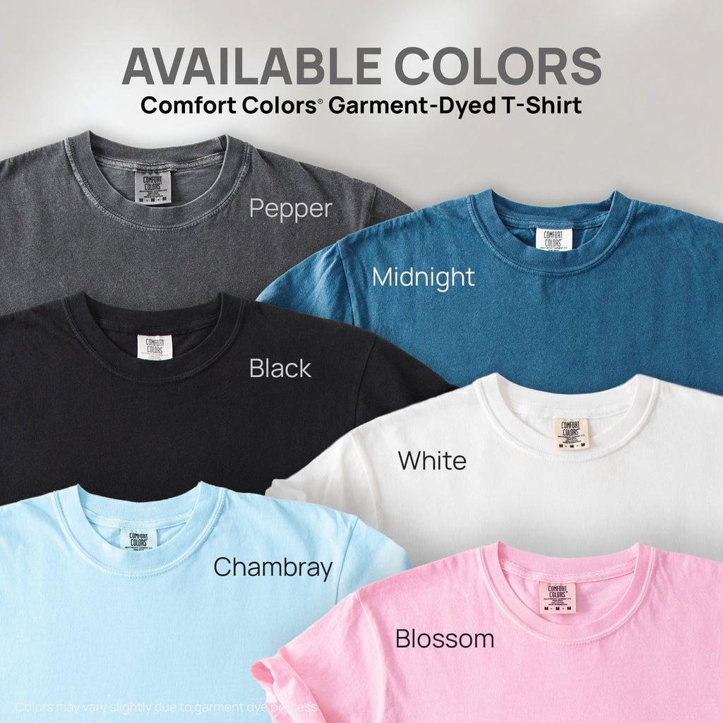 Six shirts showing the available colors for this Comfort Colors Garment-Dyed T-Shirt: pepper, midnight, black, white, chambray, and blossom.
