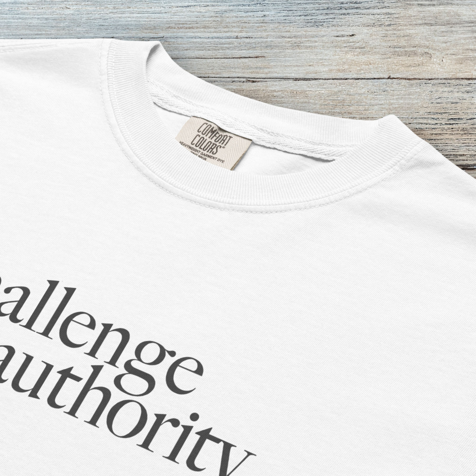 Closeup detail of white t-shirt with minimalist serif text block reading “challenge authority."