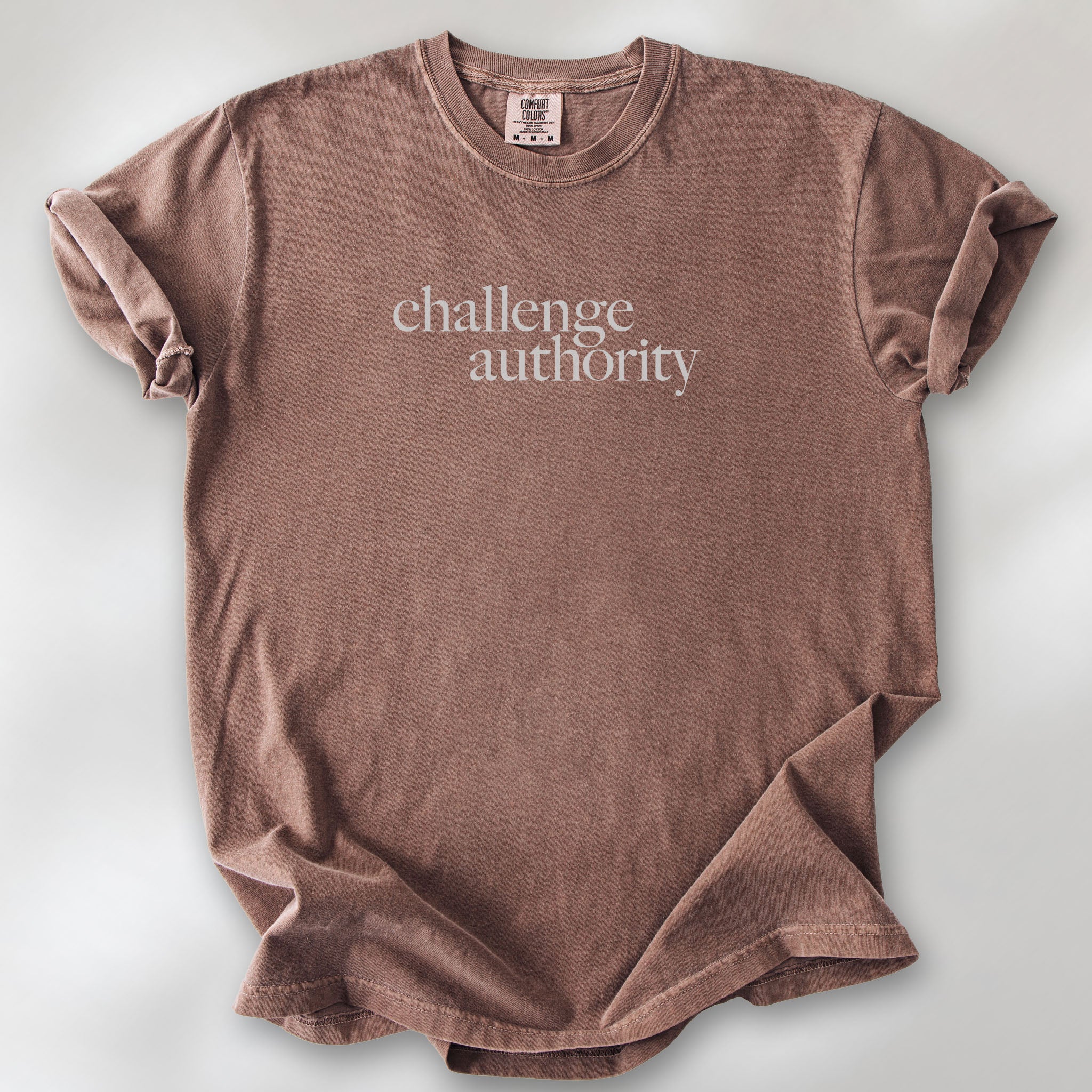 Espresso t-shirt with minimalist serif text block reading “challenge authority."