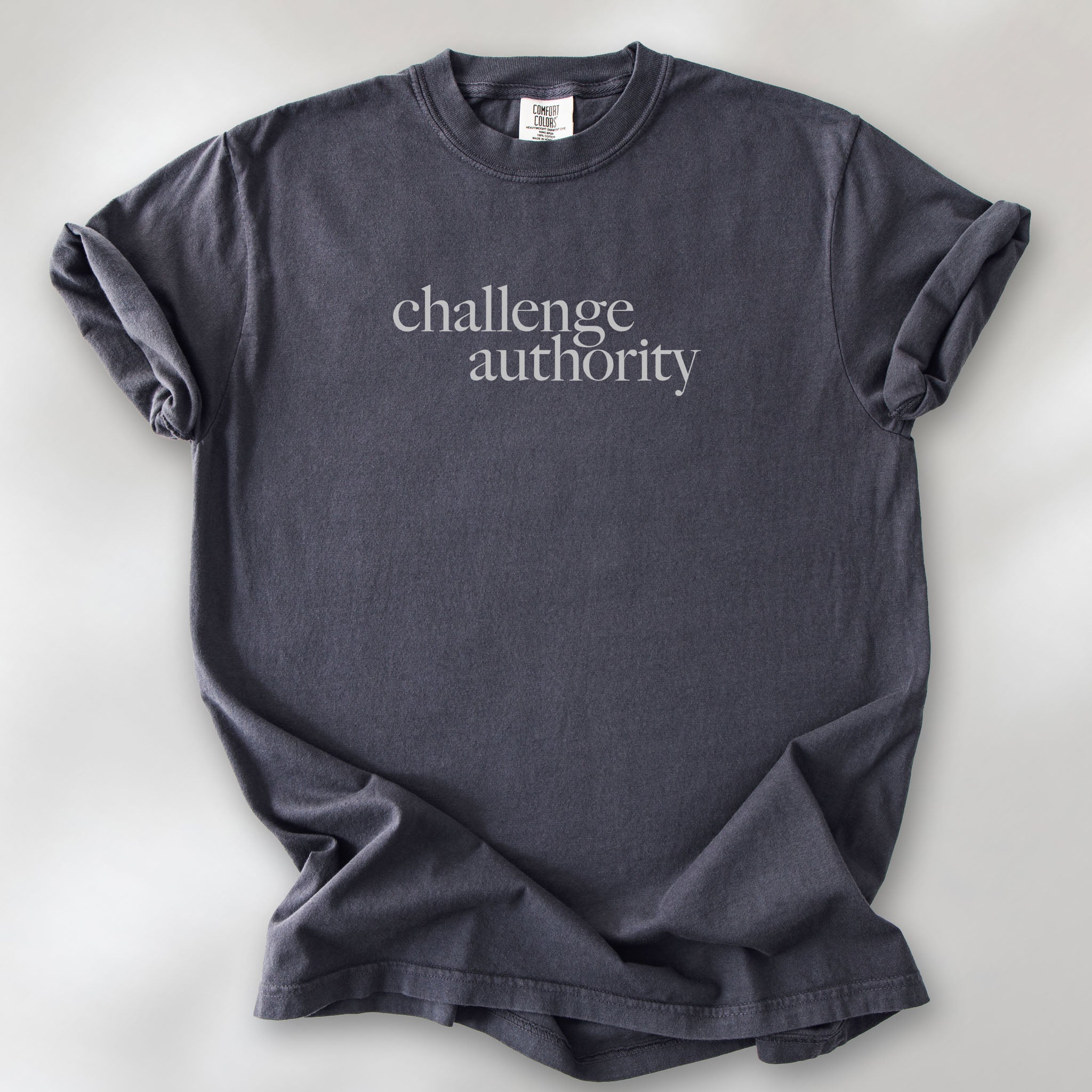 Graphite t-shirt with minimalist serif text block reading “challenge authority."