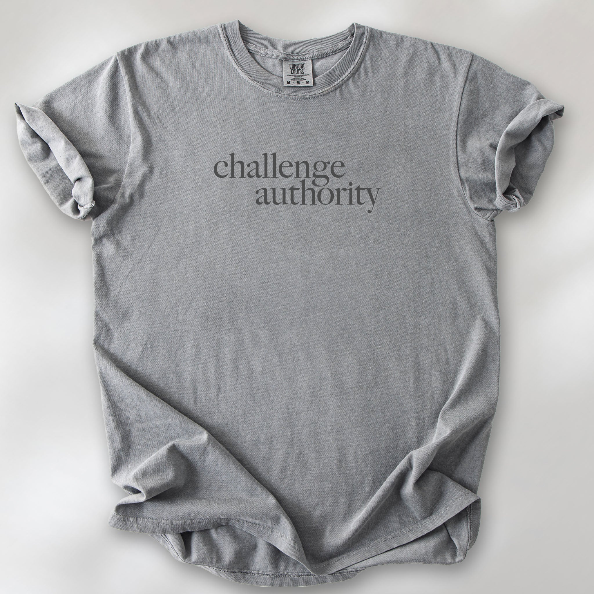 Grey t-shirt with minimalist serif text block reading “challenge authority."