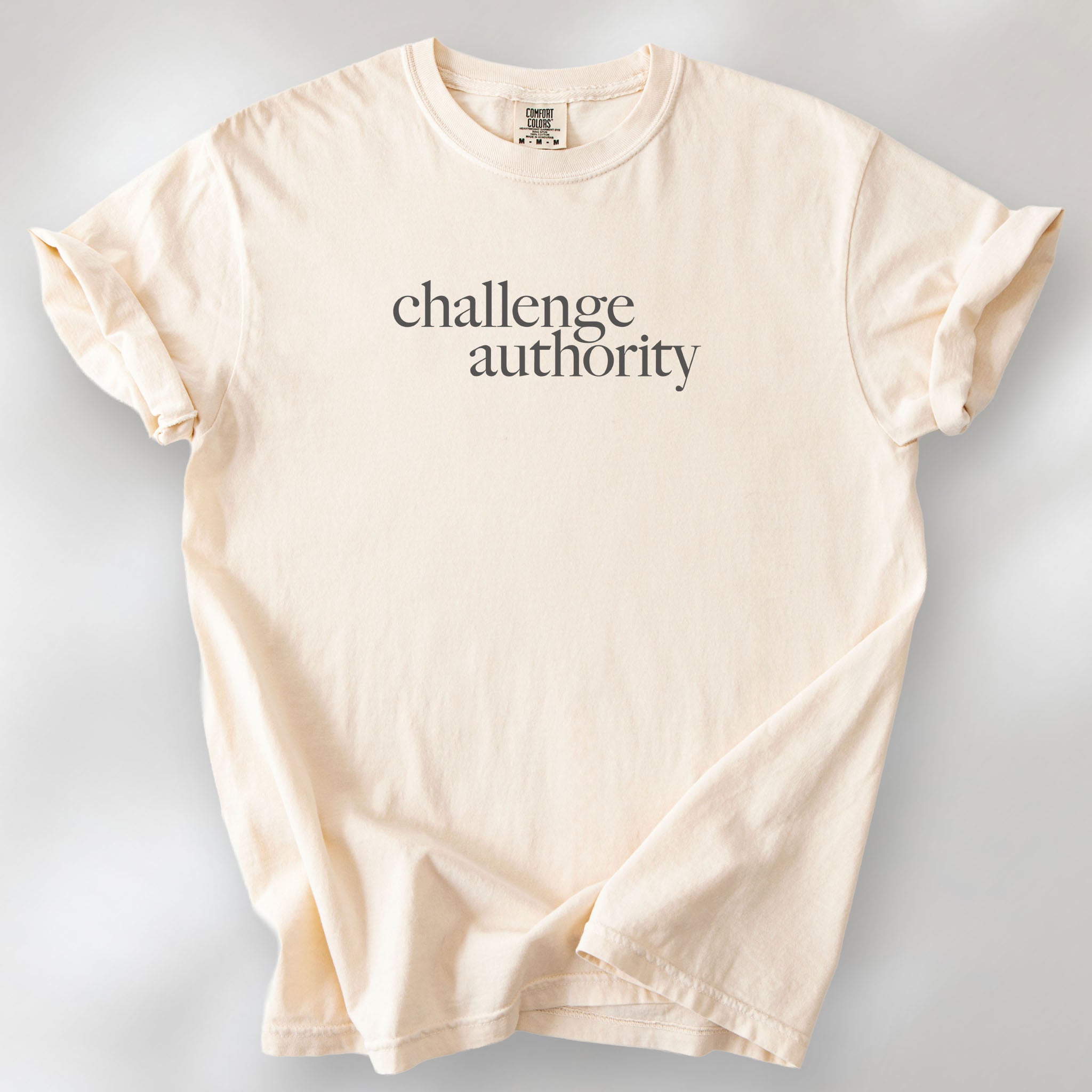 Ivory t-shirt with minimalist serif text block reading “challenge authority."