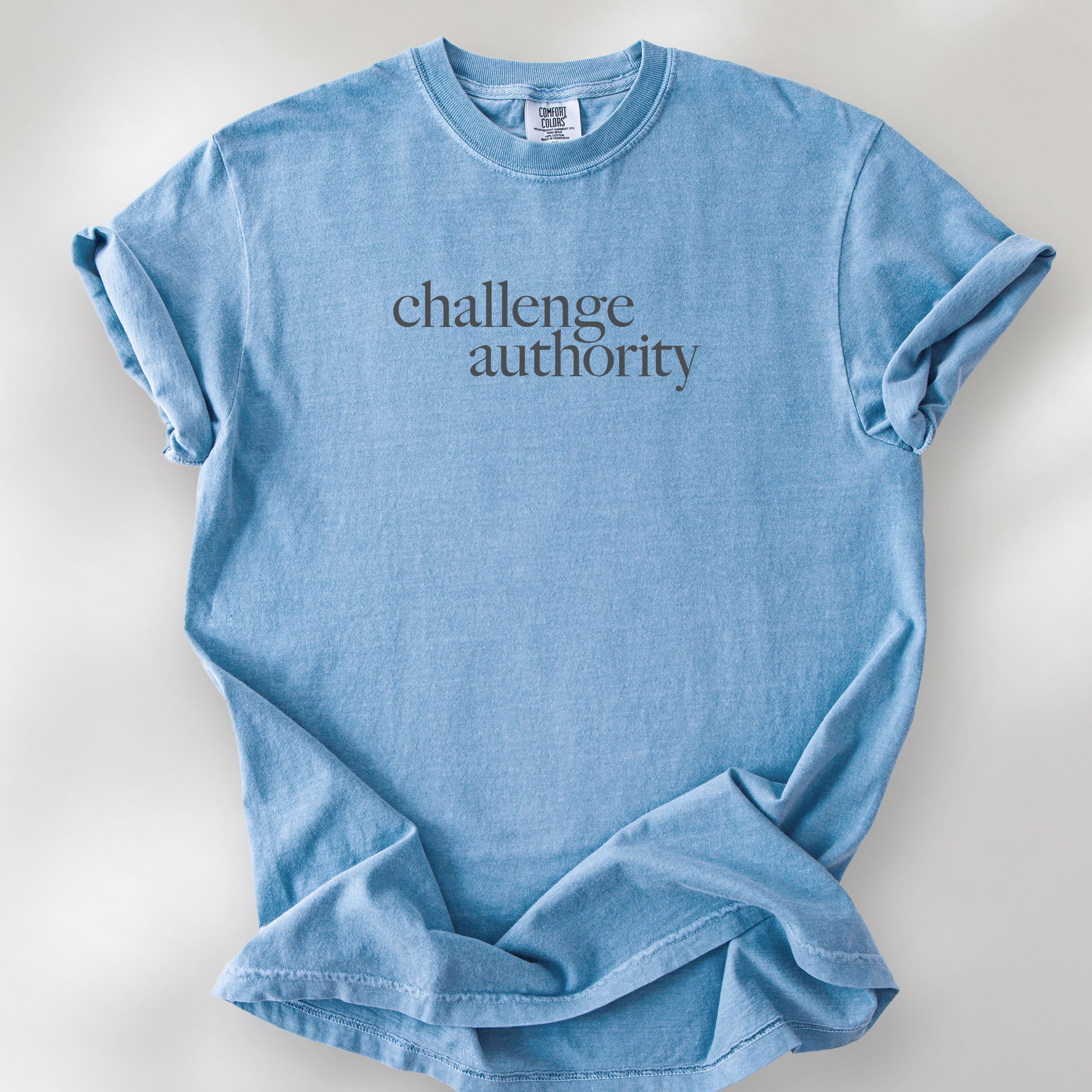 Washed denim t-shirt with minimalist serif text block reading “challenge authority."