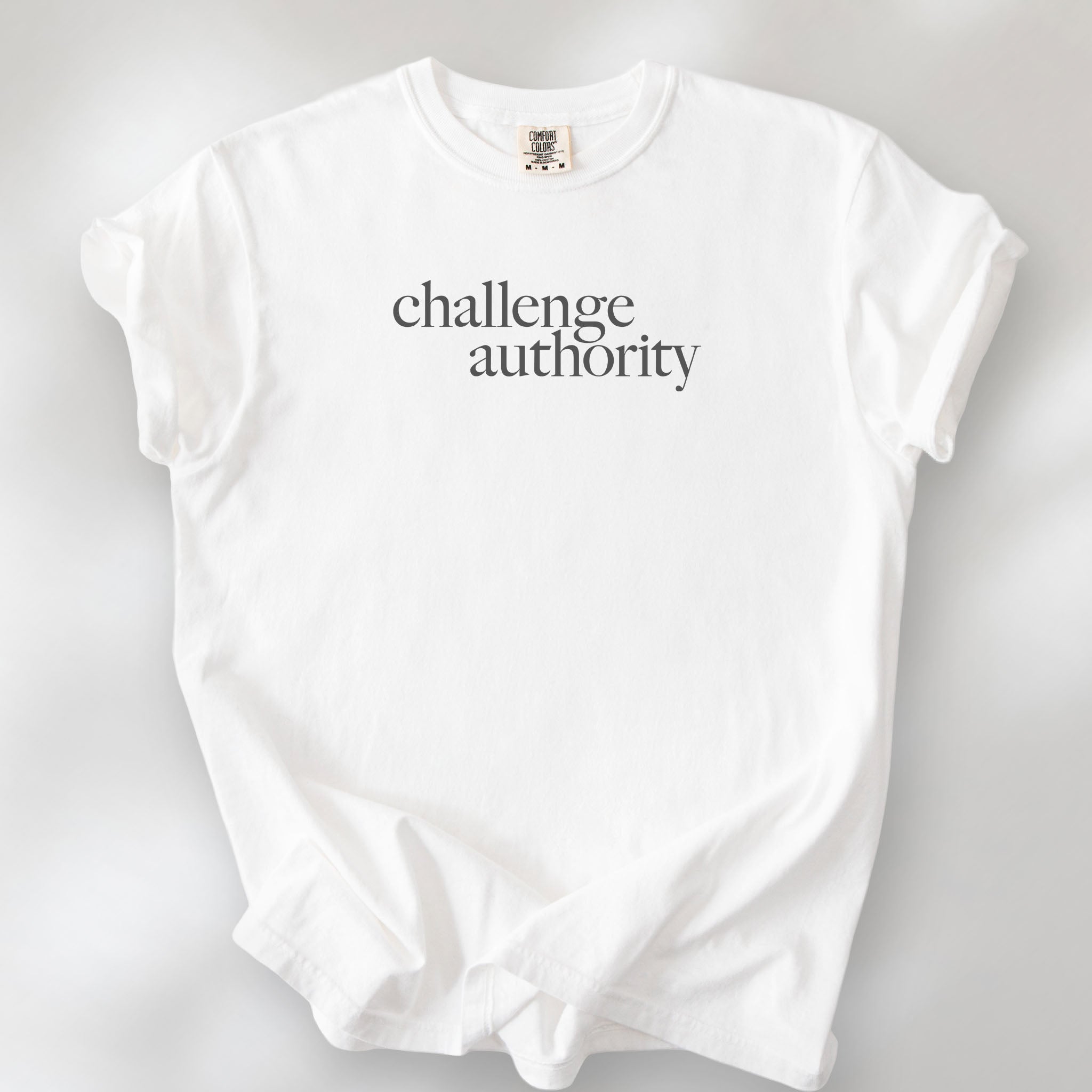 White t-shirt with minimalist serif text block reading “challenge authority."