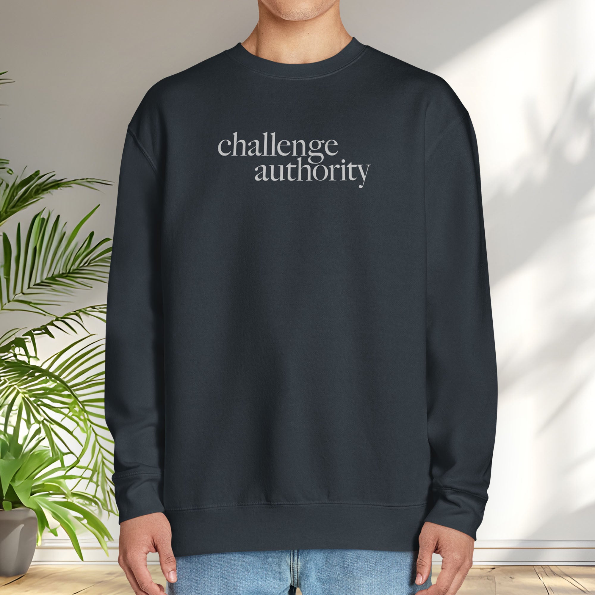 Male model wearing navy sweatshirt with minimalist serif text block reading “challenge authority."