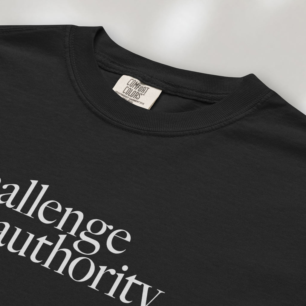 Closeup detail of black t-shirt with minimalist serif text block reading “challenge authority."
