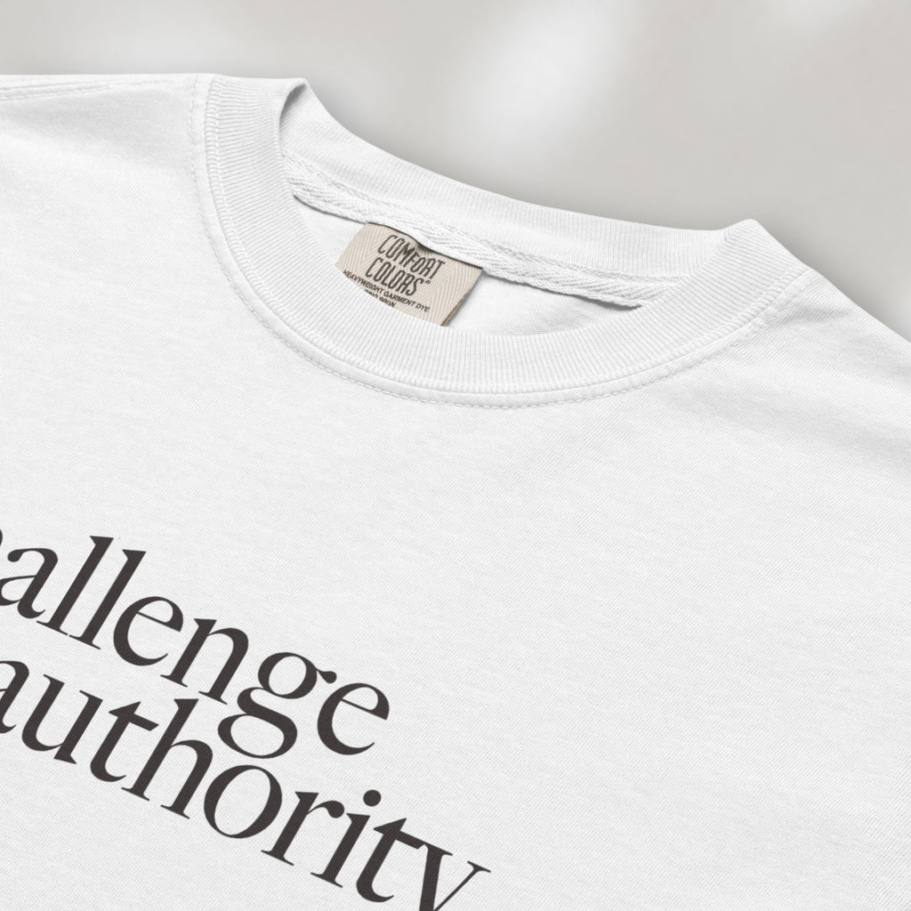 Closeup detail of white t-shirt with minimalist serif text block reading “challenge authority."