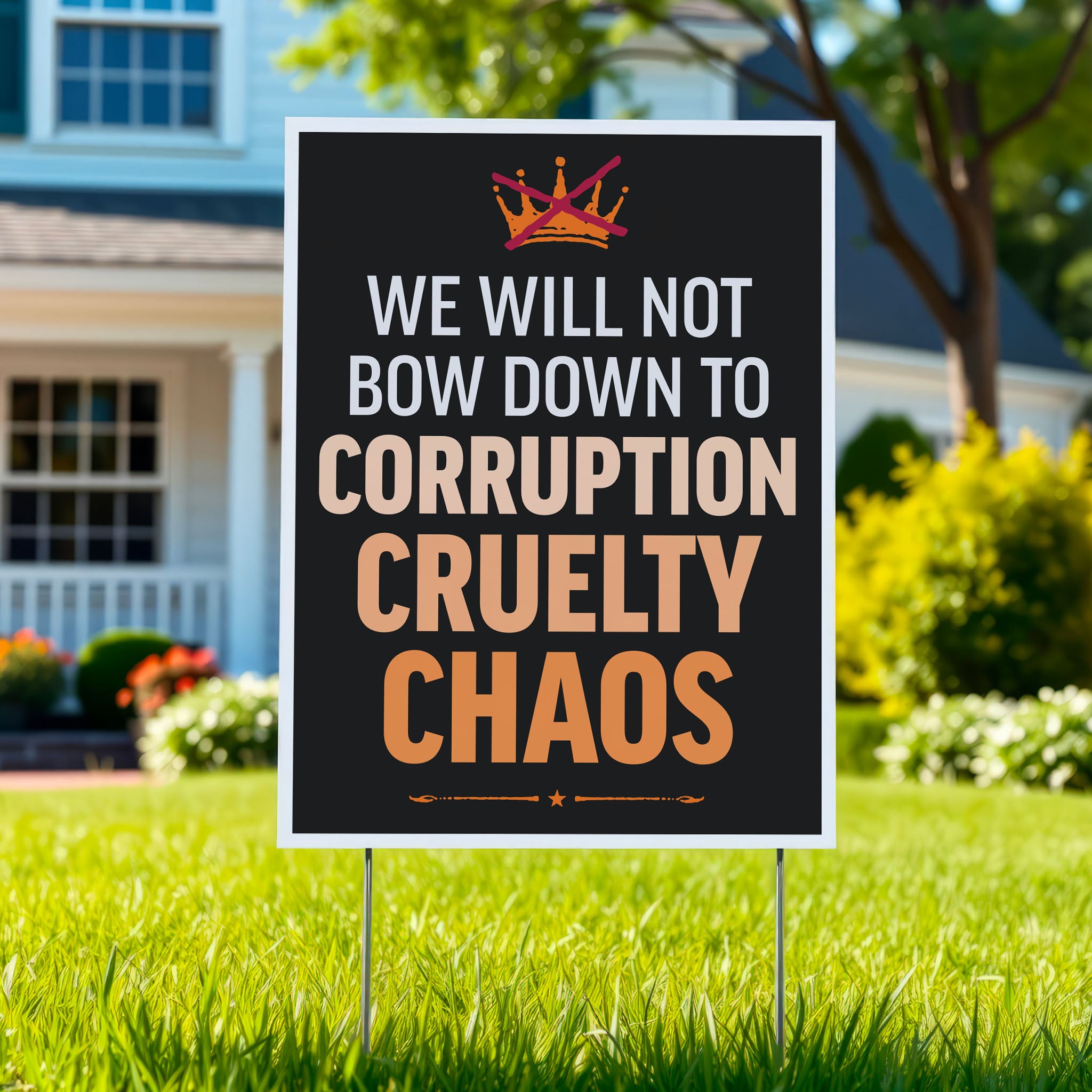 Yard sign reading “We will not bow down to corruption, cruelty, chaos” in bold white, red, blue, and orange text.