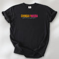 Black t-shirt with brightly colored text that reads "chinga la migra", with subtle script text below that says "fuck the ice gestapo."