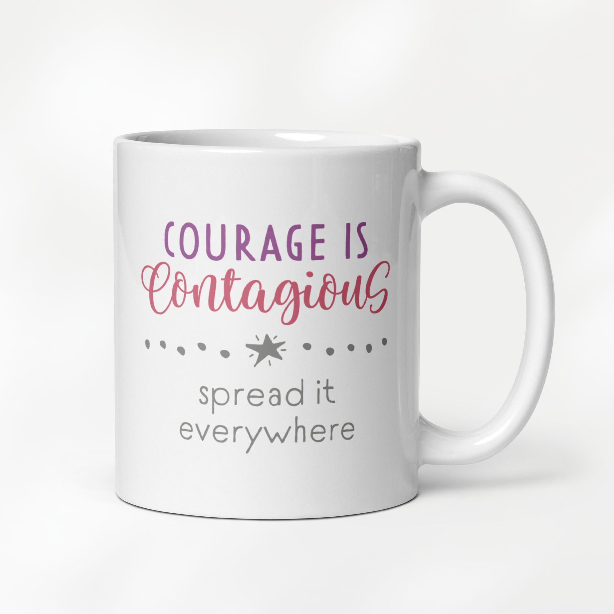11 ounce white ceramic mug with styled text graphic that reads "courage is contagious – spread it everywhere".