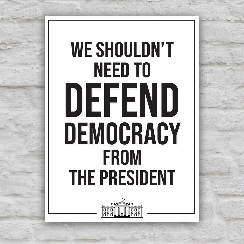 Black and white version of protest sign with text that reads "we shouldn't need to defend democracy from the president".