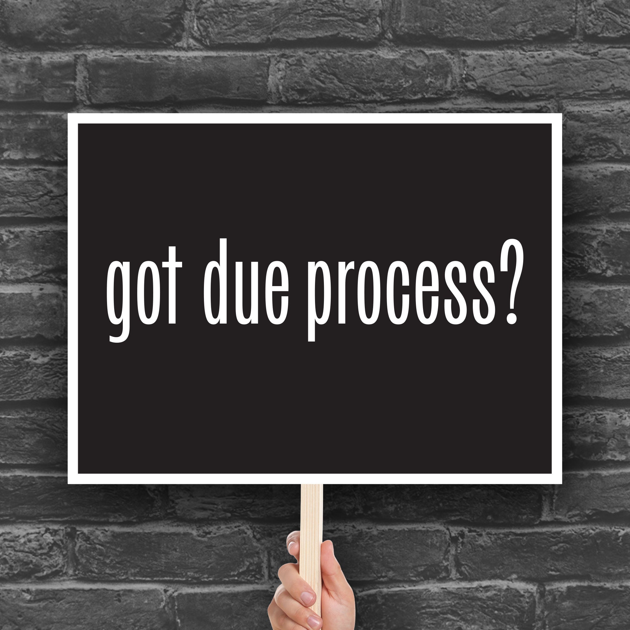 Anti-Trump protest sign with black background and bold white text that says “got due process?” in the style of the “got milk?” campaign.