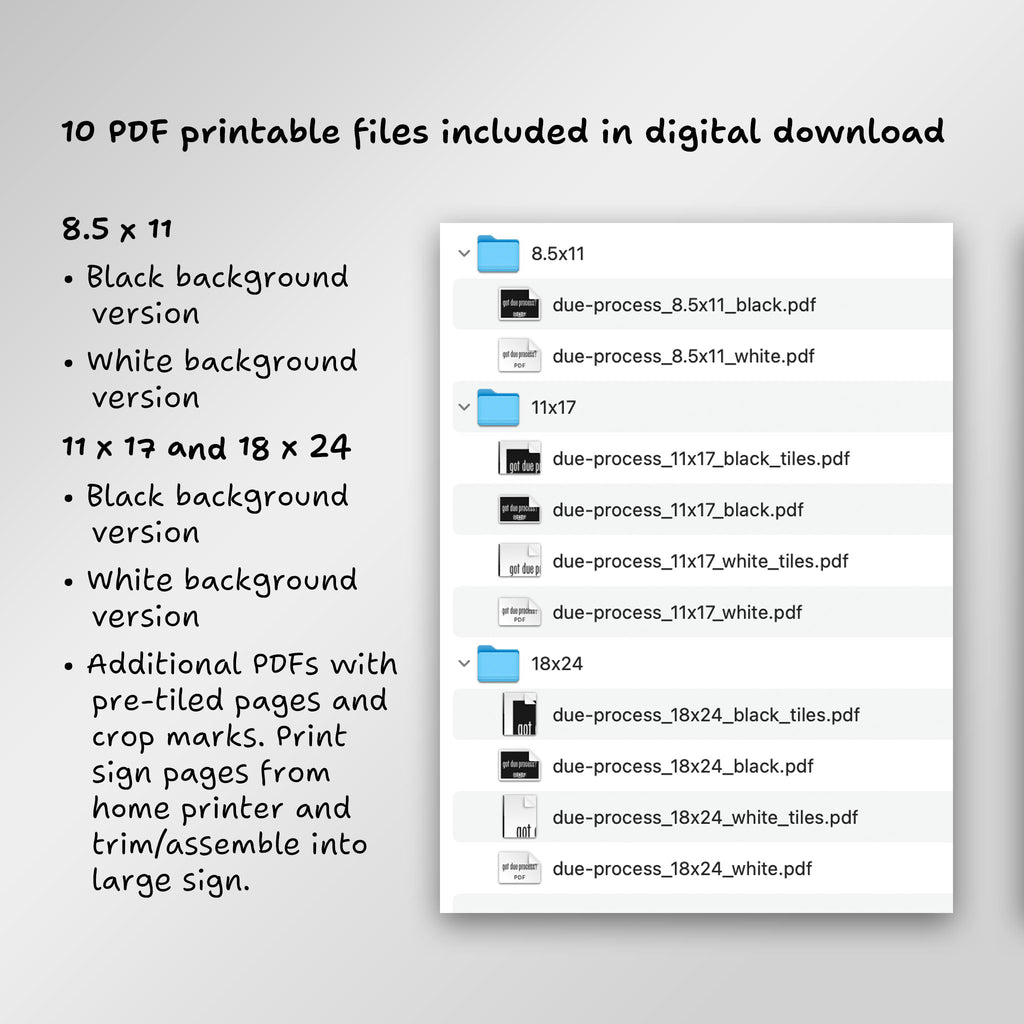 File directory of 10 PDF printable files included in digital download, including additional PDFs with pre-tiled pages to print from home and assemble into large sign.