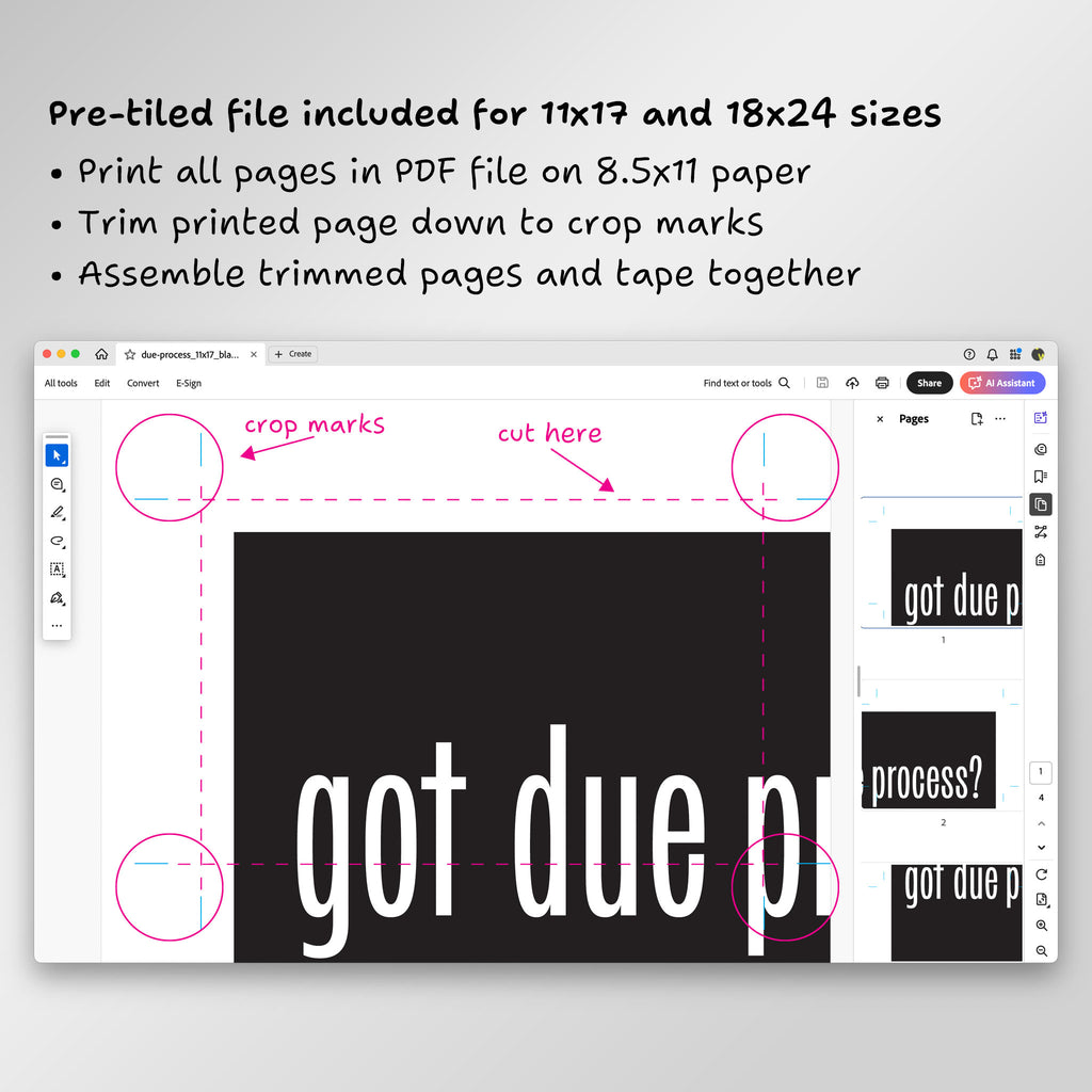 Screenshot of page from pre-tiled PDF file in Adobe Acrobat, showing crop marks and where to trim.