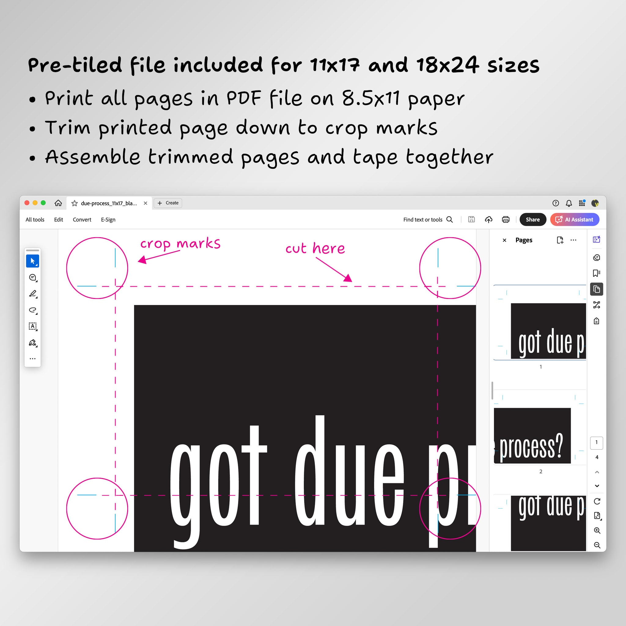 Screenshot of page from pre-tiled PDF file in Adobe Acrobat, showing crop marks and where to trim.