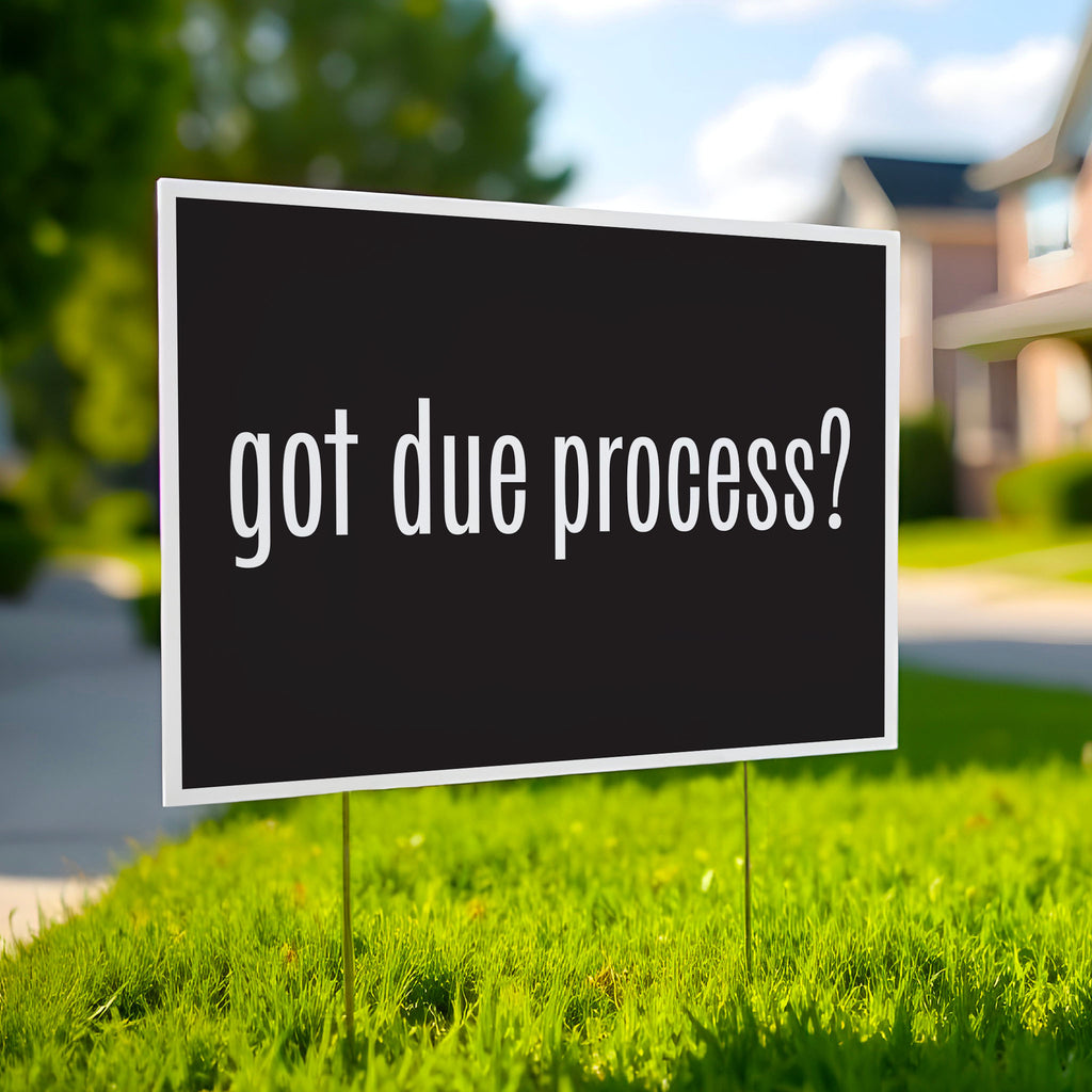 Yard sign with black background and bold white text that says “got due process?” in the style of the “got milk?” campaign.