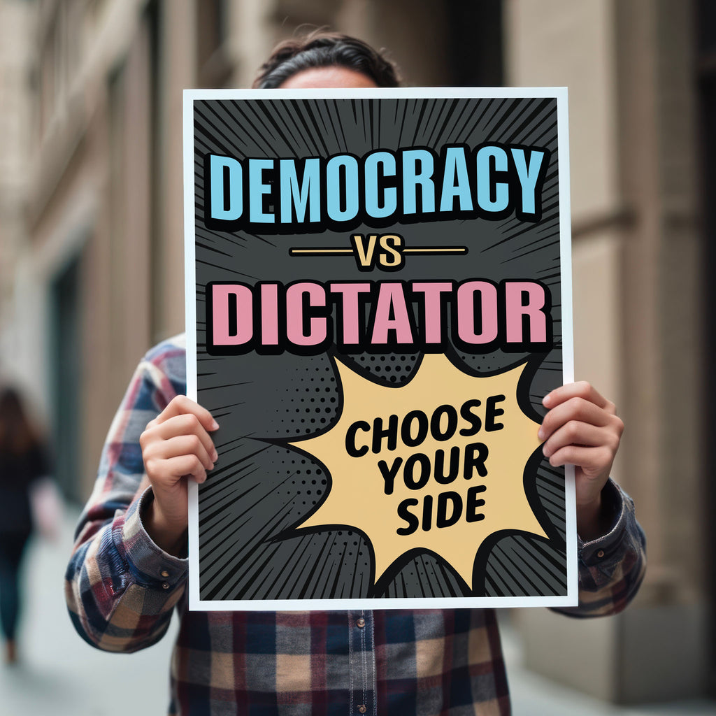 Person holding protest sign reading “Democracy vs Dictator – Choose Your Side” in bold comic-style lettering, a political protest poster against Trump.