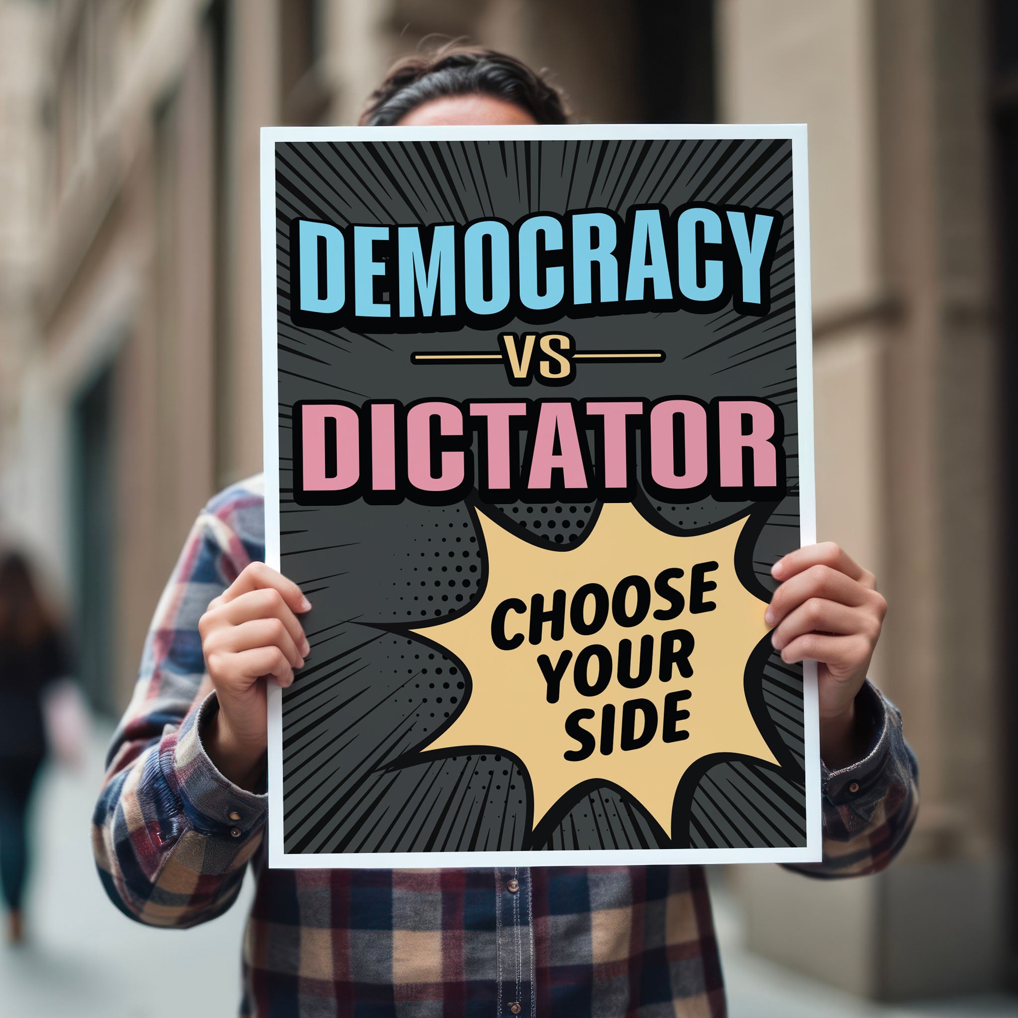 Person holding protest sign reading “Democracy vs Dictator – Choose Your Side” in bold comic-style lettering, a political protest poster against Trump.